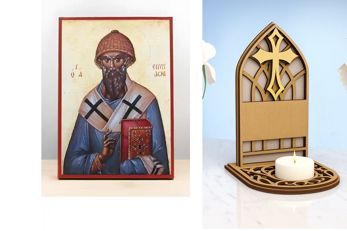 Εικόνα Ορθοδοξίας Καντηλάκι σε  8 χρώματα με περίγραμμα χρυσό σε ξύλο Plywood (Πλακάζ)   με  βάση Άγιος Σπυρίδων Κέρκυρας, Ξύλινη Χειροποίητη Εικόνα Ελληνικής Premium Βυζαντινού Στυλ Κρεμαστή σε ξύλινη πλάκα Θρησκευτικό θέμα Χειροποίητη Ελληνορθόδοξη εικό