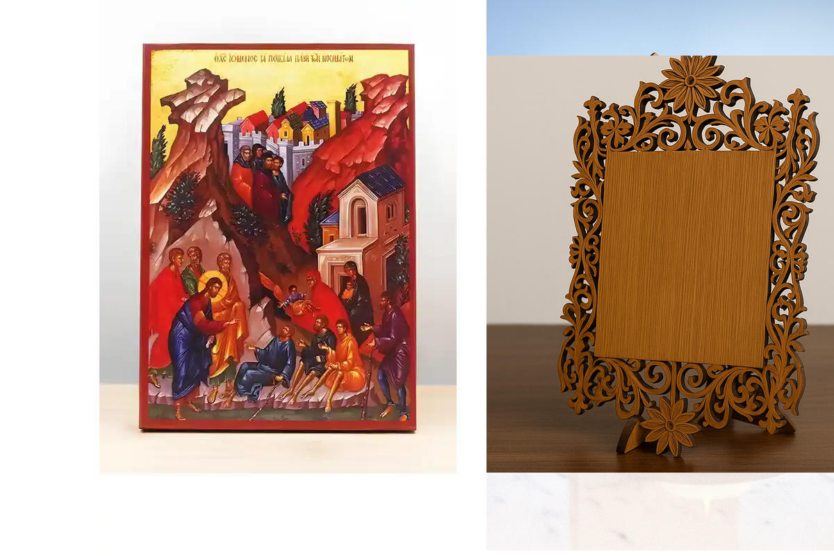 Εικόνα Ορθοδοξίας Δαντέλα μαζι με  Βάση σε  8 χρώματα με περίγραμμα χρυσό σε ξύλο Plywood (Πλακάζ)   με  βάση Ο Ιησούς Χριστός Θεραπεύει τα Διάφορα Πάθη των Ασθενειών, Ξύλινη Χειροποίητη Εικόνα Ελληνικής Premium Βυζαντινού Στυλ τοίχου Κρεμασμένη σε ξύλινη