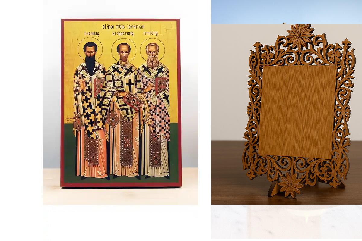 Εικόνα Ορθοδοξίας Δαντέλα μαζι με  Βάση σε  8 χρώματα με περίγραμμα χρυσό σε ξύλο Plywood (Πλακάζ)   με  βάση Άγιοι Τρεις Ιεράρχες Πατέρες της Εκκλησίας, Ξύλινη Χειροποίητη Εικόνα Ελληνικού Βυζαντινού Στυλ υψηλής ποιότητας Κρεμασμένη σε ξύλινη πλάκα Χειρο
