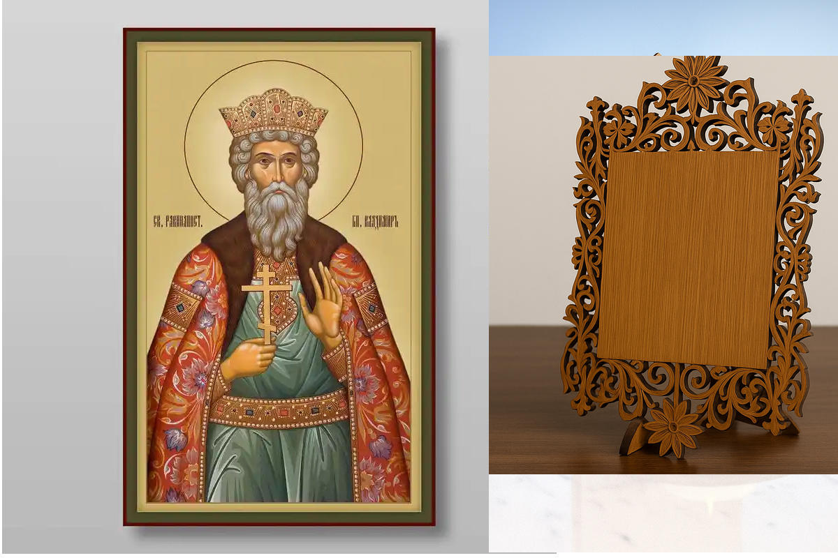 Εικόνα Ορθοδοξίας Δαντέλα μαζι με  Βάση σε  8 χρώματα με περίγραμμα χρυσό σε ξύλο Plywood (Πλακάζ)   με  βάση Vladimir Equal to the Apostles Grand Duke, Χειροποίητη Ελληνορθόδοξη , Κρεμαστή πλάκα βυζαντινής τέχνης, χριστιανική τέχνη Διάσταση 50x40 cm (19,