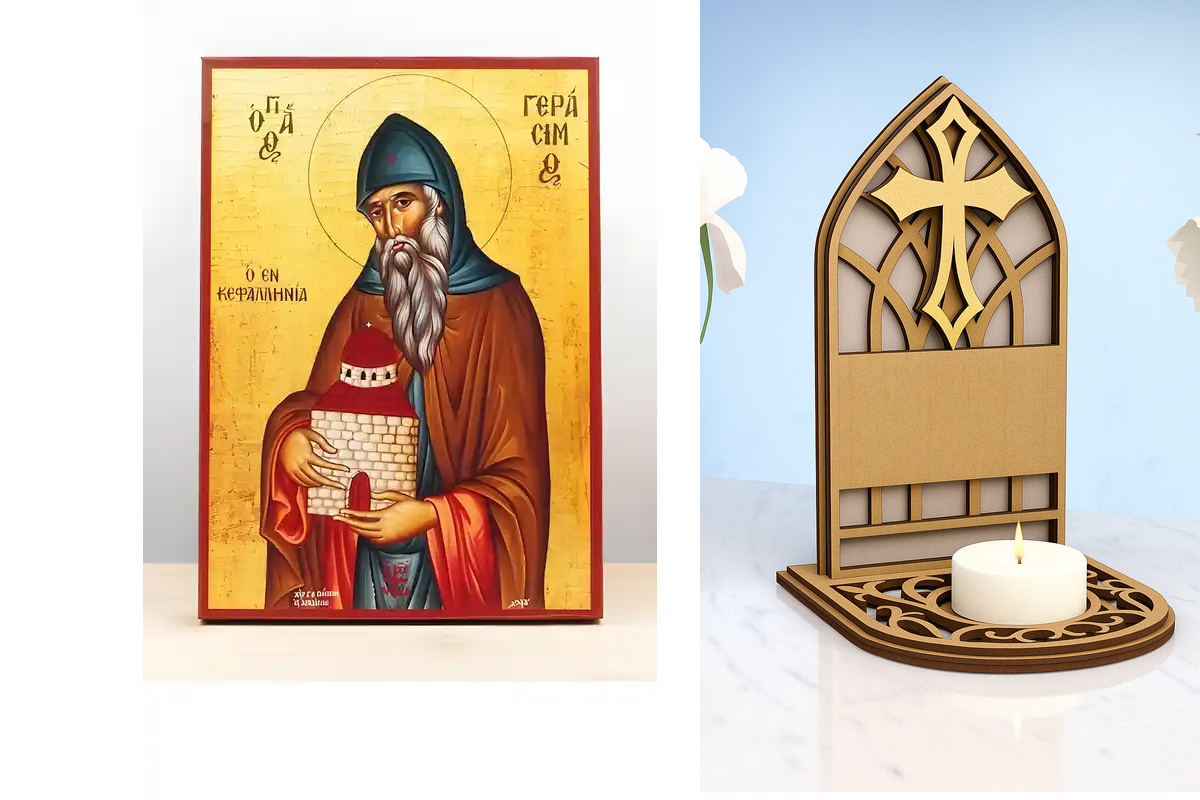 Εικόνα Ορθοδοξίας Καντηλάκι σε  8 χρώματα με περίγραμμα χρυσό σε ξύλο Plywood (Πλακάζ)   με  βάση Άγιος Γεράσιμος Κεφαλονιάς, Ξύλινη Χειροποίητη Εικόνα Ελληνικού Βυζαντινού Στυλ Κρεμαστή σε ξύλινη πλάκα Θρησκευτικό θέμα Χειροποίητη Ελληνορθόδοξη εικόνα το