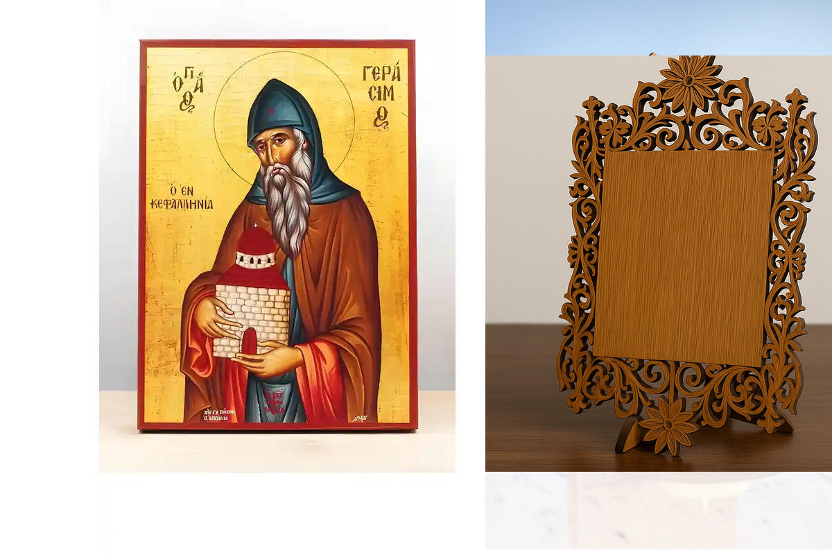 Εικόνα Ορθοδοξίας Δαντέλα μαζι με  Βάση σε  8 χρώματα με περίγραμμα χρυσό σε ξύλο Plywood (Πλακάζ)   με  βάση Άγιος Γεράσιμος Κεφαλονιάς, Ξύλινη Χειροποίητη Εικόνα Ελληνικού Βυζαντινού Στυλ Κρεμαστή σε ξύλινη πλάκα Θρησκευτικό θέμα Χειροποίητη Ελληνορθόδο