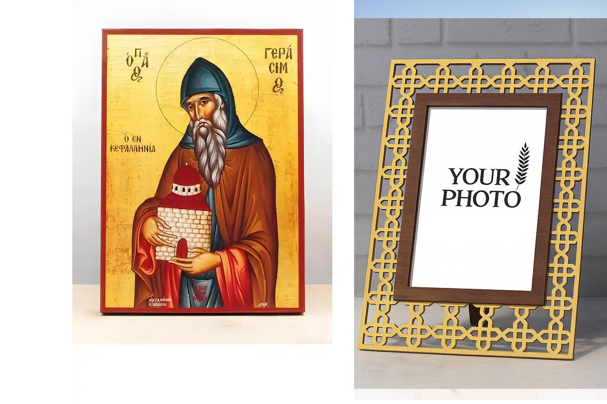 Εικόνα Ορθοδοξίας Πολυτελείας  με  σχεδιο Σταυρούς μαζι με  Βάση σε  8 χρώματα με περίγραμμα χρυσό σε ξύλο Plywood (Πλακάζ)   με  βάση Άγιος Γεράσιμος Κεφαλονιάς, Ξύλινη Χειροποίητη Εικόνα Ελληνικού Βυζαντινού Στυλ Κρεμαστή σε ξύλινη πλάκα Θρησκευτικό θέμ