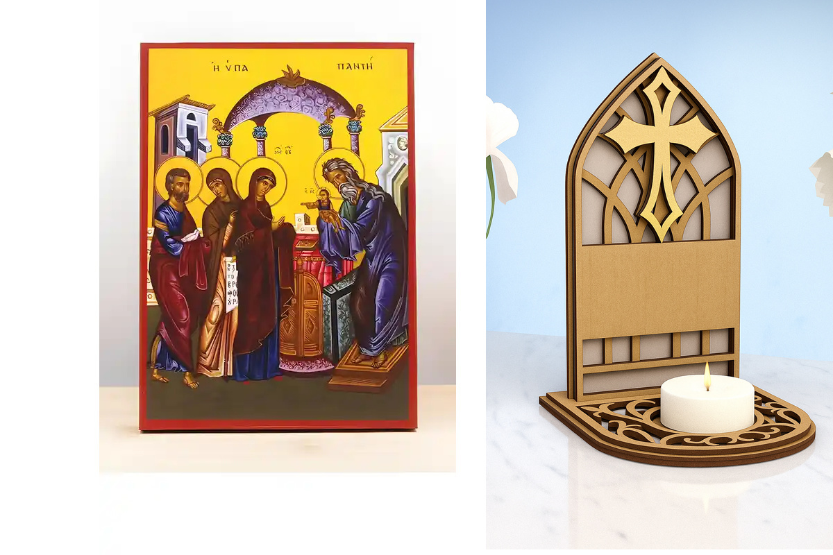 Εικόνα Ορθοδοξίας Καντηλάκι σε  8 χρώματα με περίγραμμα χρυσό σε ξύλο Plywood (Πλακάζ)   με  βάση Η Παρουσίαση του Ιησού Χριστού στο Ναό της Ιερουσαλήμ, Ξύλινη Χειροποίητη Εικόνα Ελληνικού Premium Βυζαντινού Στυλ Κρεμασμένη σε ξύλινη πλάκα Χειροποίητη Ελλ
