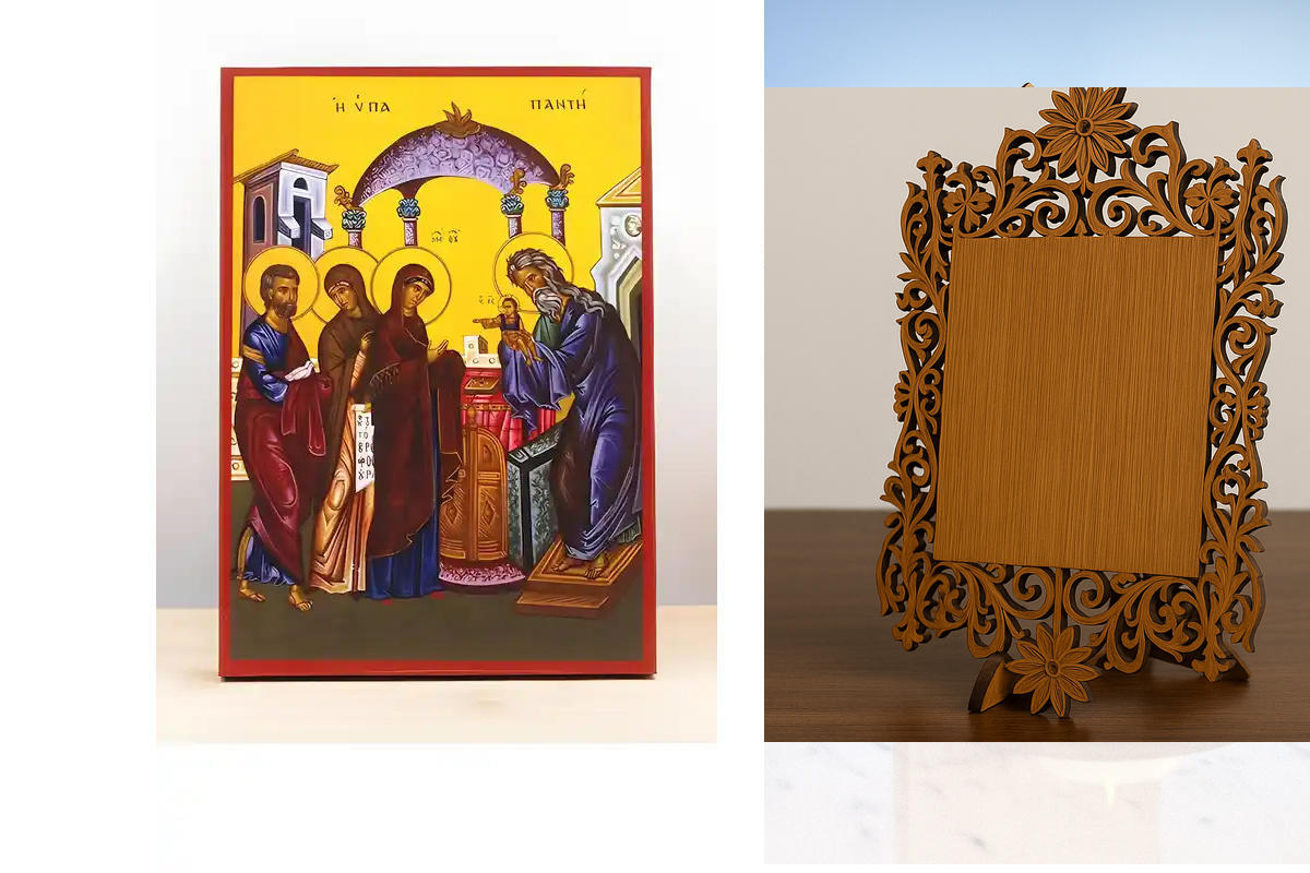 Εικόνα Ορθοδοξίας Δαντέλα μαζι με  Βάση σε  8 χρώματα με περίγραμμα χρυσό σε ξύλο Plywood (Πλακάζ)   με  βάση Η Παρουσίαση του Ιησού Χριστού στο Ναό της Ιερουσαλήμ, Ξύλινη Χειροποίητη Εικόνα Ελληνικού Premium Βυζαντινού Στυλ Κρεμασμένη σε ξύλινη πλάκα Χει