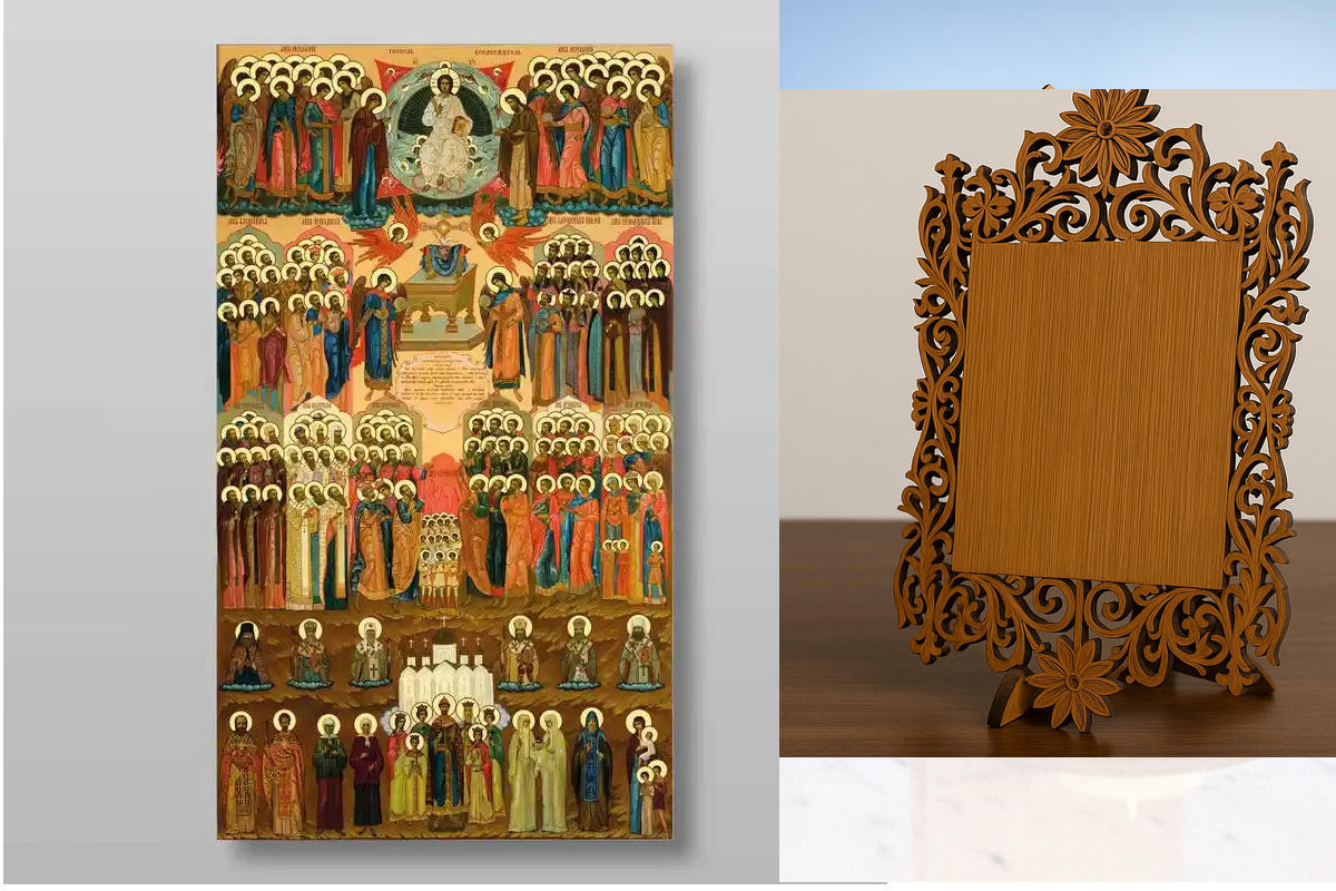 Εικόνα Ορθοδοξίας Δαντέλα μαζι με  Βάση σε  8 χρώματα με περίγραμμα χρυσό σε ξύλο Plywood (Πλακάζ)   με  βάση Άγιοι Πάντων, Χειροποίητη Ελληνορθόδοξη , Κρεμαστή πλάκα βυζαντινής τέχνης, χριστιανική τέχνη Διάσταση 50x40 cm (19,7 x 15,8 ίντσες) INTRAEKkadro
