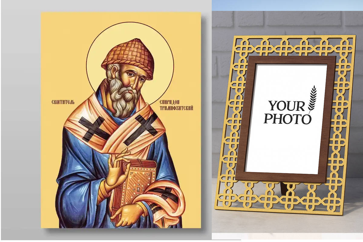 Εικόνα Ορθοδοξίας Πολυτελείας  με  σχεδιο Σταυρούς μαζι με  Βάση σε  8 χρώματα με περίγραμμα χρυσό σε ξύλο Plywood (Πλακάζ)   με  βάση Άγιος Επίσκοπος Spiridon Trimifuntsky, Χειροποίητη Ελληνορθόδοξη , Κρεμαστή πλάκα βυζαντινής τέχνης, χριστιανική τέχνη Δ