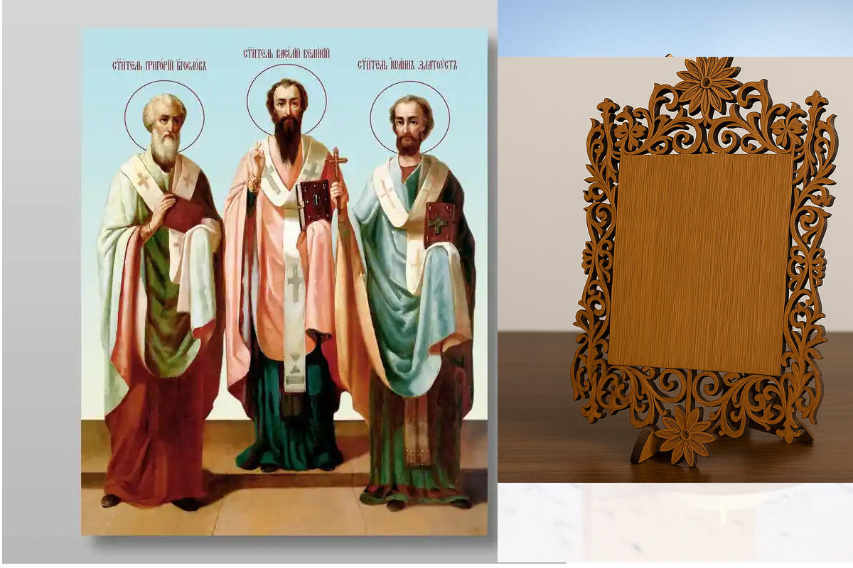 Σετ 2 τεμαχίων – Εικόνα Ορθοδοξίας Δαντέλα μαζι με  Βάση σε  8 χρώματα με περίγραμμα χρυσό σε ξύλο Plywood (Πλακάζ)   με  βάση Τρεις Άγιοι, Χειροποίητη Ελληνορθόδοξη , Κρεμαστή πλάκα βυζαντινής τέχνης, χριστιανική τέχνη Διάσταση 21x15 cm (8,3 x 5,9 ίντσες