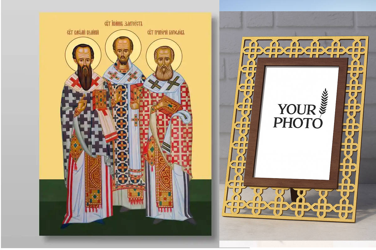 Εικόνα Ορθοδοξίας Πολυτελείας  με  σχεδιο Σταυρούς μαζι με  Βάση σε  8 χρώματα με περίγραμμα χρυσό σε ξύλο Plywood (Πλακάζ)   με  βάση Τρεις Άγιοι, Χειροποίητη Ελληνορθόδοξη , Κρεμαστή πλάκα βυζαντινής τέχνης, χριστιανική τέχνη Διάσταση 50x40 cm (19,7 x 1