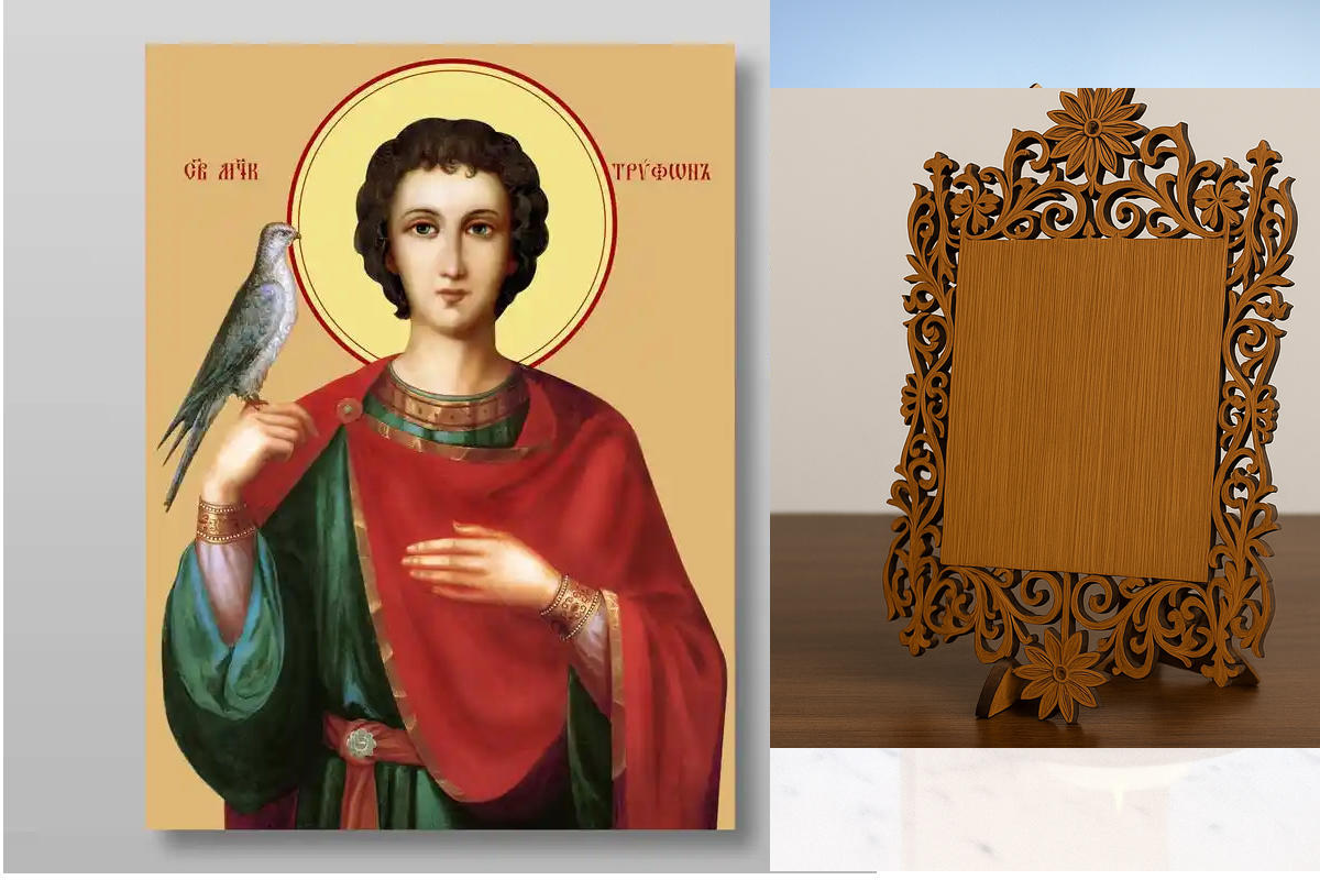 Σετ 2 τεμαχίων – Εικόνα Ορθοδοξίας Δαντέλα μαζι με  Βάση σε  8 χρώματα με περίγραμμα χρυσό σε ξύλο Plywood (Πλακάζ)   με  βάση Τρύφων ο μάρτυς, Χειροποίητη Ελληνορθόδοξη , Κρεμαστή πλάκα βυζαντινής τέχνης, χριστιανική τέχνη Διάσταση 21x15 cm (8,3 x 5,9 ίν