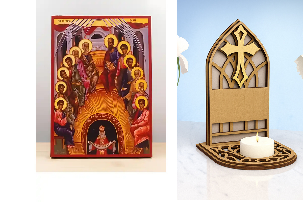 Εικόνα Ορθοδοξίας Καντηλάκι σε  8 χρώματα με περίγραμμα χρυσό σε ξύλο Plywood (Πλακάζ)   με  βάση Πεντηκοστή, Ξύλινη Χειροποίητη Εικόνα Ελληνικής Premium Βυζαντινού Στυλ Κρεμαστή σε ξύλινη πλάκα Χειροποίητη Ελληνορθόδοξη εικόνα του Ιησού Χριστού, Κρεμαστή