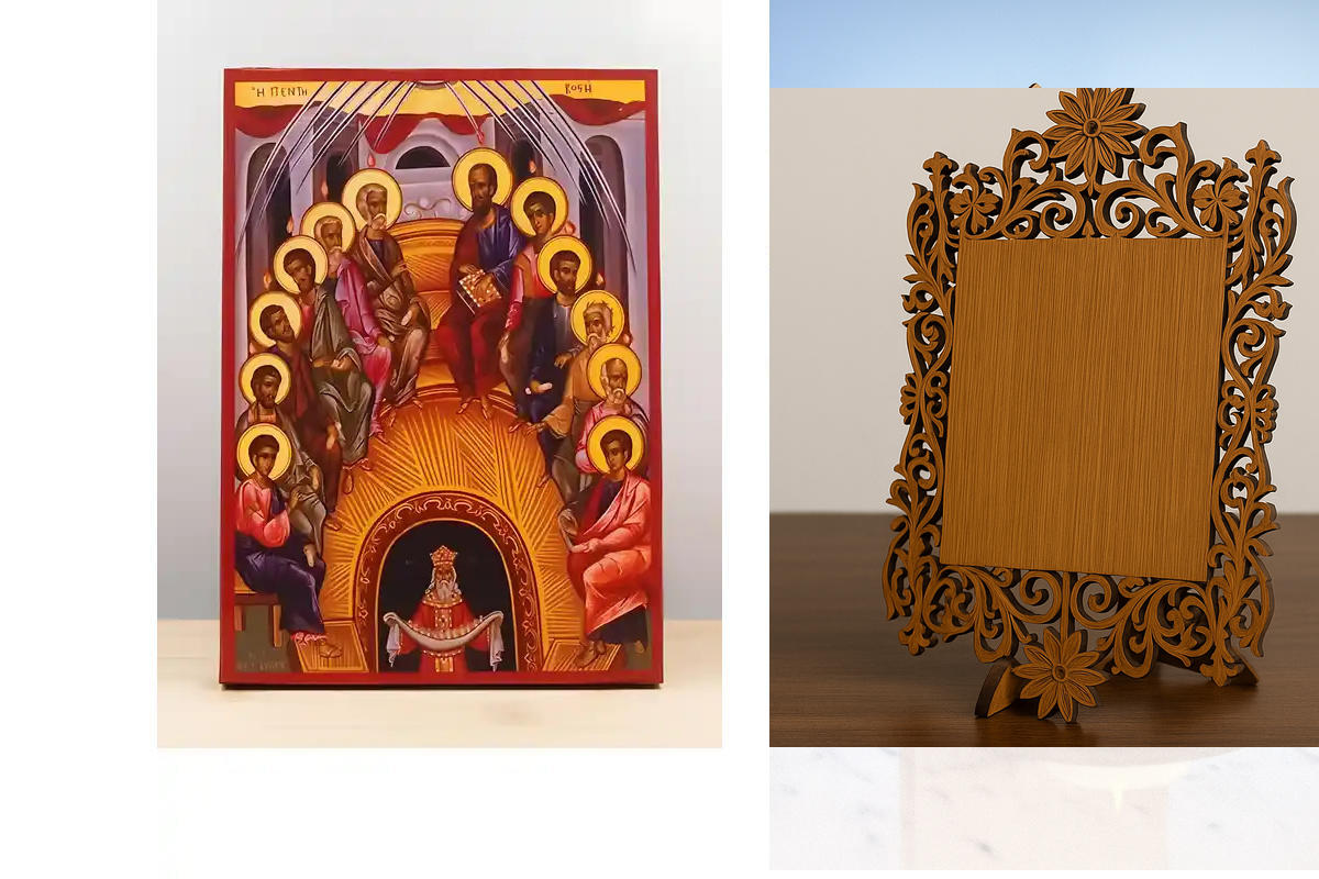 Εικόνα Ορθοδοξίας Δαντέλα μαζι με  Βάση σε  8 χρώματα με περίγραμμα χρυσό σε ξύλο Plywood (Πλακάζ)   με  βάση Πεντηκοστή, Ξύλινη Χειροποίητη Εικόνα Ελληνικής Premium Βυζαντινού Στυλ Κρεμαστή σε ξύλινη πλάκα Χειροποίητη Ελληνορθόδοξη εικόνα του Ιησού Χριστ