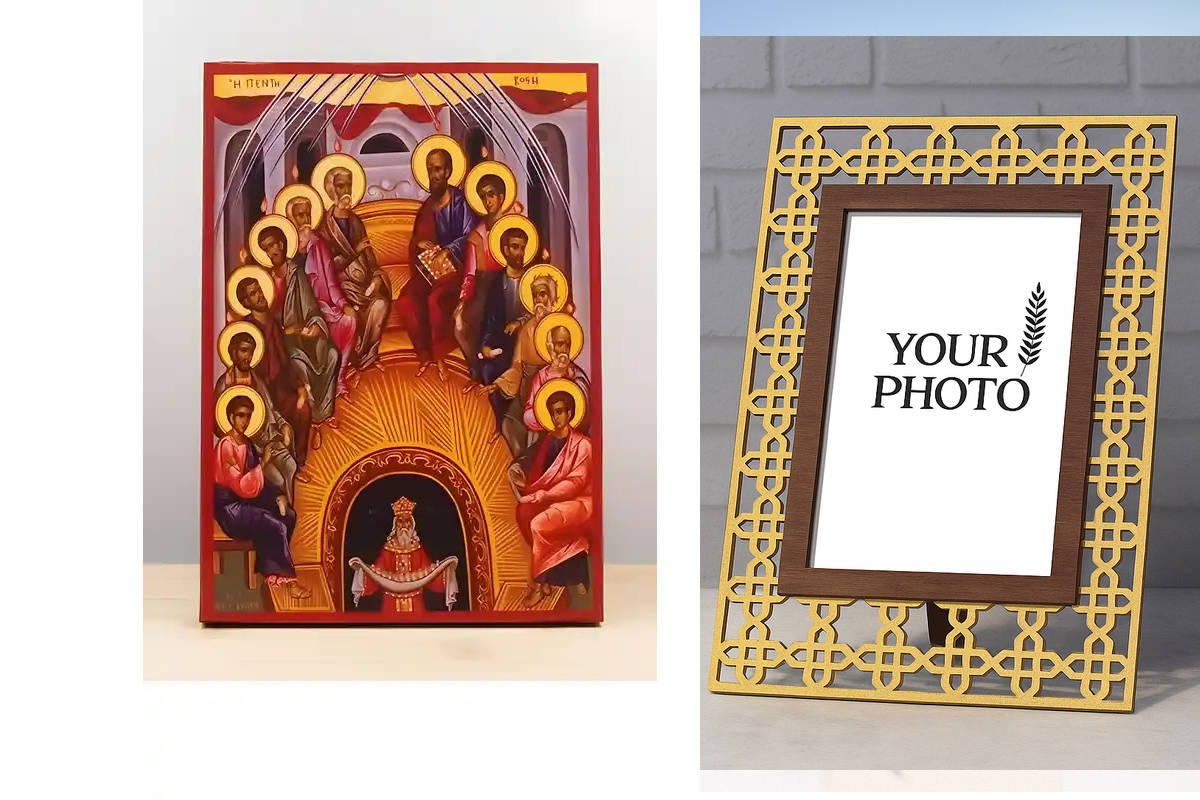 Εικόνα Ορθοδοξίας Πολυτελείας  με  σχεδιο Σταυρούς μαζι με  Βάση σε  8 χρώματα με περίγραμμα χρυσό σε ξύλο Plywood (Πλακάζ)   με  βάση Πεντηκοστή, Ξύλινη Χειροποίητη Εικόνα Ελληνικής Premium Βυζαντινού Στυλ Κρεμαστή σε ξύλινη πλάκα Χειροποίητη Ελληνορθόδο