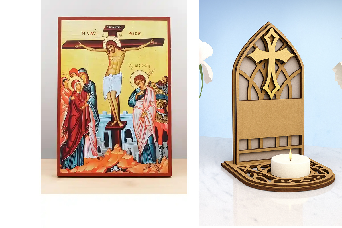 Εικόνα Ορθοδοξίας Καντηλάκι σε  8 χρώματα με περίγραμμα χρυσό σε ξύλο Plywood (Πλακάζ)   με  βάση Σταύρωση του Ιησού Χριστού, Ξύλινη Χειροποίητη Εικόνα Ελληνικού Premium Βυζαντινού Στυλ τοίχου Κρεμασμένη σε ξύλινη πλάκα Ορθόδοξο Θρησκευτικό Θέμα Χειροποίη