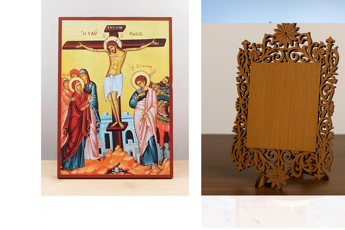 Εικόνα Ορθοδοξίας Δαντέλα μαζι με  Βάση σε  8 χρώματα με περίγραμμα χρυσό σε ξύλο Plywood (Πλακάζ)   με  βάση Σταύρωση του Ιησού Χριστού, Ξύλινη Χειροποίητη Εικόνα Ελληνικού Premium Βυζαντινού Στυλ τοίχου Κρεμασμένη σε ξύλινη πλάκα Ορθόδοξο Θρησκευτικό Θέ