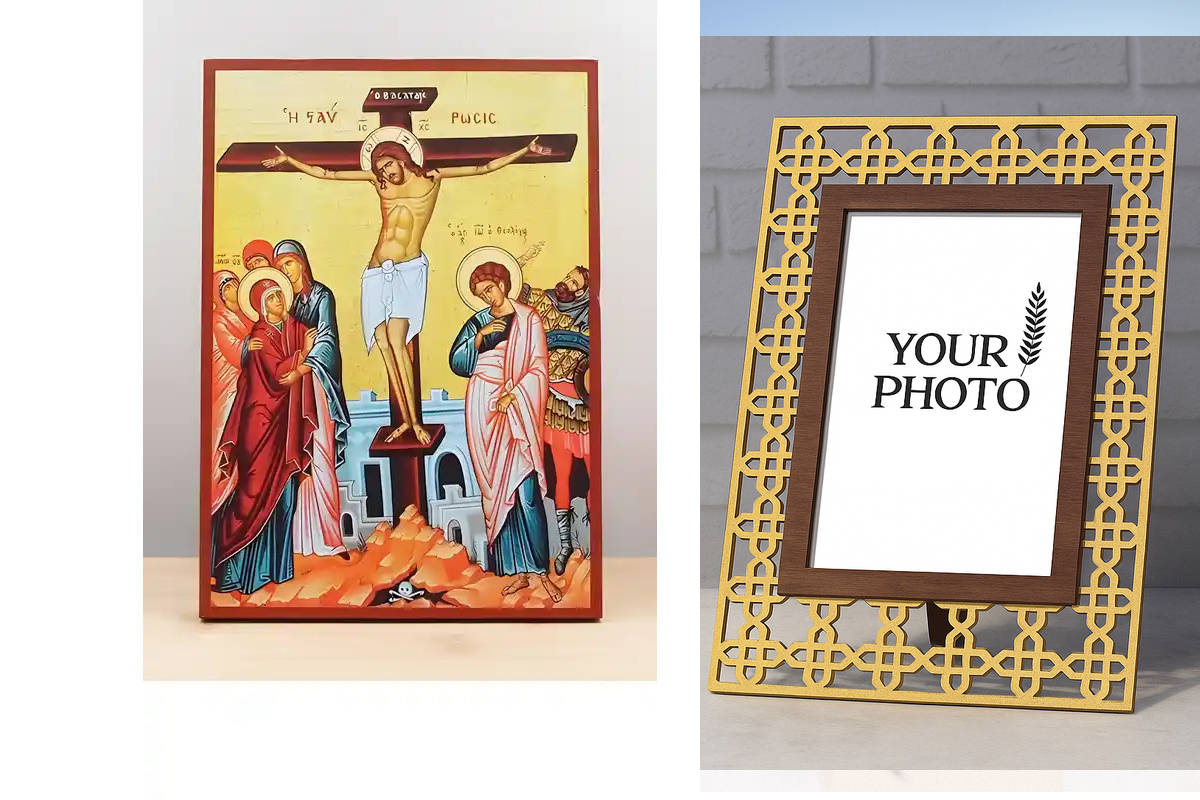 Εικόνα Ορθοδοξίας Πολυτελείας  με  σχεδιο Σταυρούς μαζι με  Βάση σε  8 χρώματα με περίγραμμα χρυσό σε ξύλο Plywood (Πλακάζ)   με  βάση Σταύρωση του Ιησού Χριστού, Ξύλινη Χειροποίητη Εικόνα Ελληνικού Premium Βυζαντινού Στυλ τοίχου Κρεμασμένη σε ξύλινη πλάκ