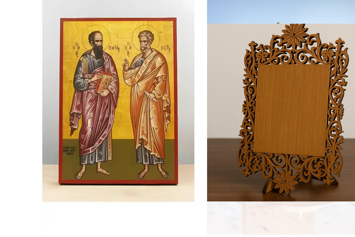 Σετ 2 τεμαχίων – Εικόνα Ορθοδοξίας Δαντέλα μαζι με  Βάση σε  8 χρώματα με περίγραμμα χρυσό σε ξύλο Plywood (Πλακάζ)   με  βάση Άγιοι Απόστολοι Παύλος και Πέτρος Ολόσωμος, Ξύλινη Χειροποίητη Εικόνα Ελληνικού Premium Βυζαντινού Στυλ Κρεμαστή σε ξύλινη πλάκα