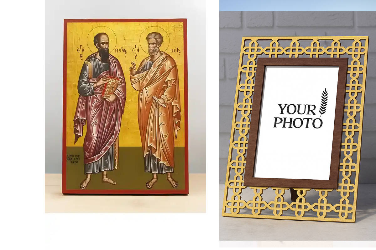 Εικόνα Ορθοδοξίας Πολυτελείας  με  σχεδιο Σταυρούς μαζι με  Βάση σε  8 χρώματα με περίγραμμα χρυσό σε ξύλο Plywood (Πλακάζ)   με  βάση Άγιοι Απόστολοι Παύλος και Πέτρος Ολόσωμος, Ξύλινη Χειροποίητη Εικόνα Ελληνικού Premium Βυζαντινού Στυλ Κρεμαστή σε ξύλι