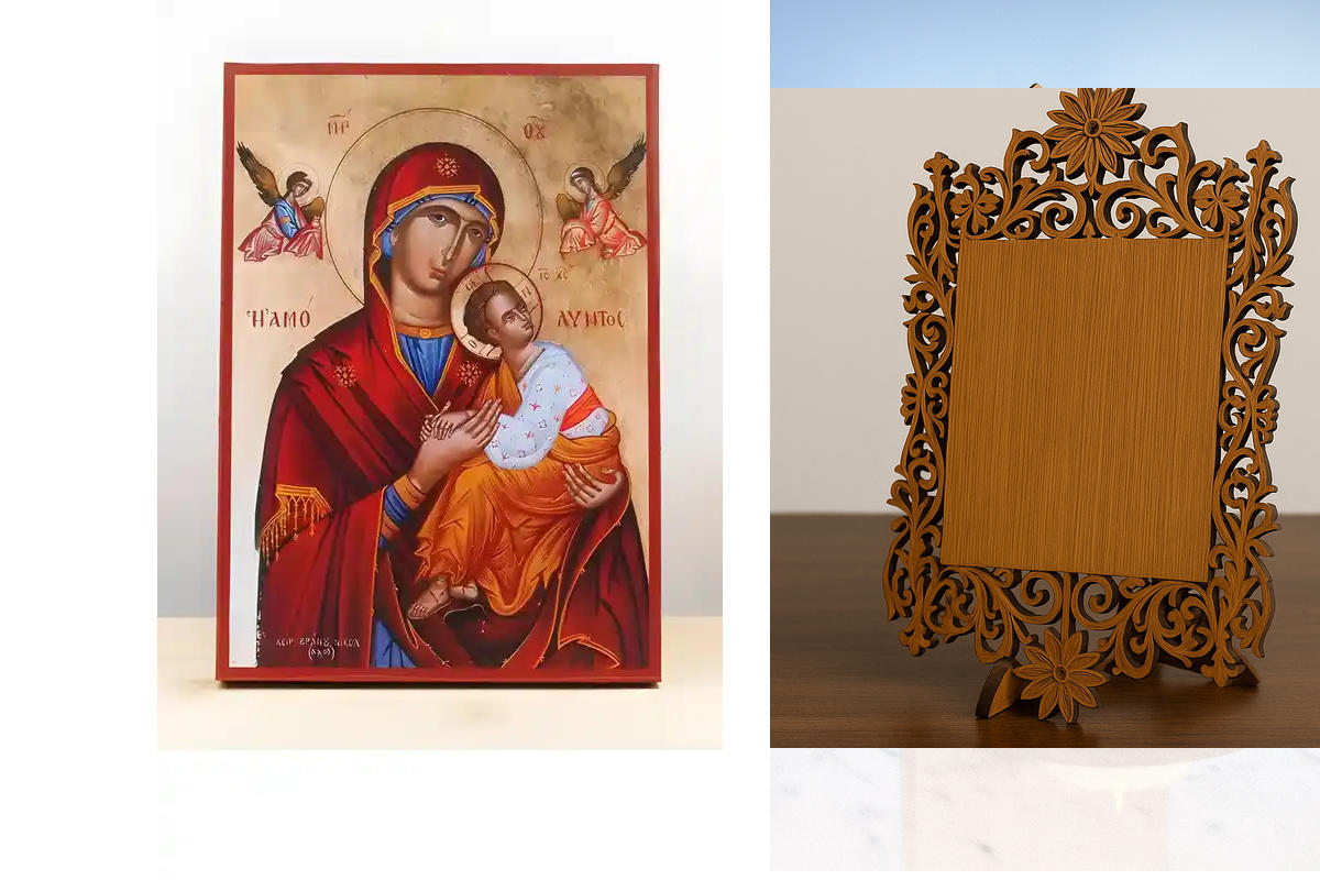 Σετ 2 τεμαχίων – Εικόνα Ορθοδοξίας Δαντέλα μαζι με  Βάση σε  8 χρώματα με περίγραμμα χρυσό σε ξύλο Plywood (Πλακάζ)   με  βάση Παναγία αμόλυντη «Αμόλυντος» με τον Ιησού, Ξύλινη Χειροποίητη Εικόνα Ελληνική Premium Βυζαντινού Στυλ τοίχου Κρεμασμένη σε Ξύλιν
