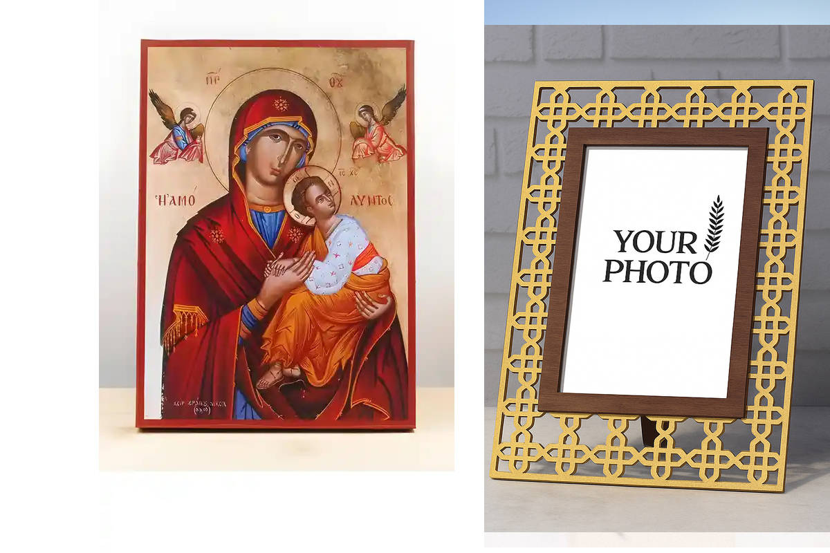 Εικόνα Ορθοδοξίας Πολυτελείας  με  σχεδιο Σταυρούς μαζι με  Βάση σε  8 χρώματα με περίγραμμα χρυσό σε ξύλο Plywood (Πλακάζ)   με  βάση Παναγία αμόλυντη «Αμόλυντος» με τον Ιησού, Ξύλινη Χειροποίητη Εικόνα Ελληνική Premium Βυζαντινού Στυλ τοίχου Κρεμασμένη