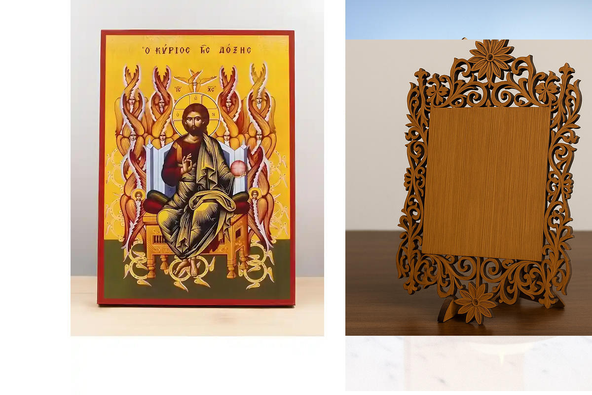 Εικόνα Ορθοδοξίας Δαντέλα μαζι με  Βάση σε  8 χρώματα με περίγραμμα χρυσό σε ξύλο Plywood (Πλακάζ)   με  βάση Ιησούς Χριστός, Βασιλιάς της Δόξας, Ξύλινη Χειροποίητη Εικόνα Ελληνικού Premium Βυζαντινού Στυλ Κρεμασμένο σε ξύλινη πλάκα Θρησκευτικό θέμα Χειρο