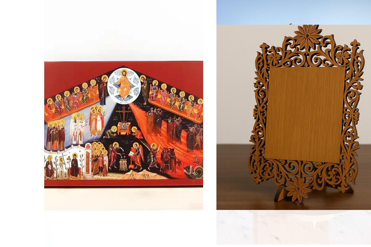 Εικόνα Ορθοδοξίας Δαντέλα μαζι με  Βάση σε  8 χρώματα με περίγραμμα χρυσό σε ξύλο Plywood (Πλακάζ)   με  βάση The Last Judgment, Ξύλινη Χειροποίητη Εικόνα Ελληνικού Premium Βυζαντινού Στυλ Κρεμασμένο σε ξύλινη πλάκα Θρησκευτικό θέμα Χειροποίητη Ελληνορθόδ