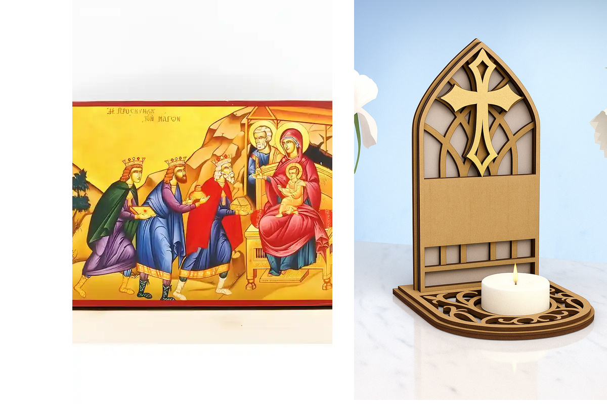 Εικόνα Ορθοδοξίας Καντηλάκι σε  8 χρώματα με περίγραμμα χρυσό σε ξύλο Plywood (Πλακάζ)   με  βάση Ο Ιησούς Χριστός Προσκύνηση των Μάγων, Ξύλινη Χειροποίητη Εικόνα Ελληνικής Premium Βυζαντινού Στυλ τοίχου Κρεμασμένη σε ξύλινη πλάκα Ορθόδοξο θρησκευτικό θέμ
