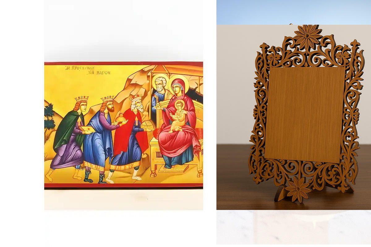 Εικόνα Ορθοδοξίας Δαντέλα μαζι με  Βάση σε  8 χρώματα με περίγραμμα χρυσό σε ξύλο Plywood (Πλακάζ)   με  βάση Ο Ιησούς Χριστός Προσκύνηση των Μάγων, Ξύλινη Χειροποίητη Εικόνα Ελληνικής Premium Βυζαντινού Στυλ τοίχου Κρεμασμένη σε ξύλινη πλάκα Ορθόδοξο θρη