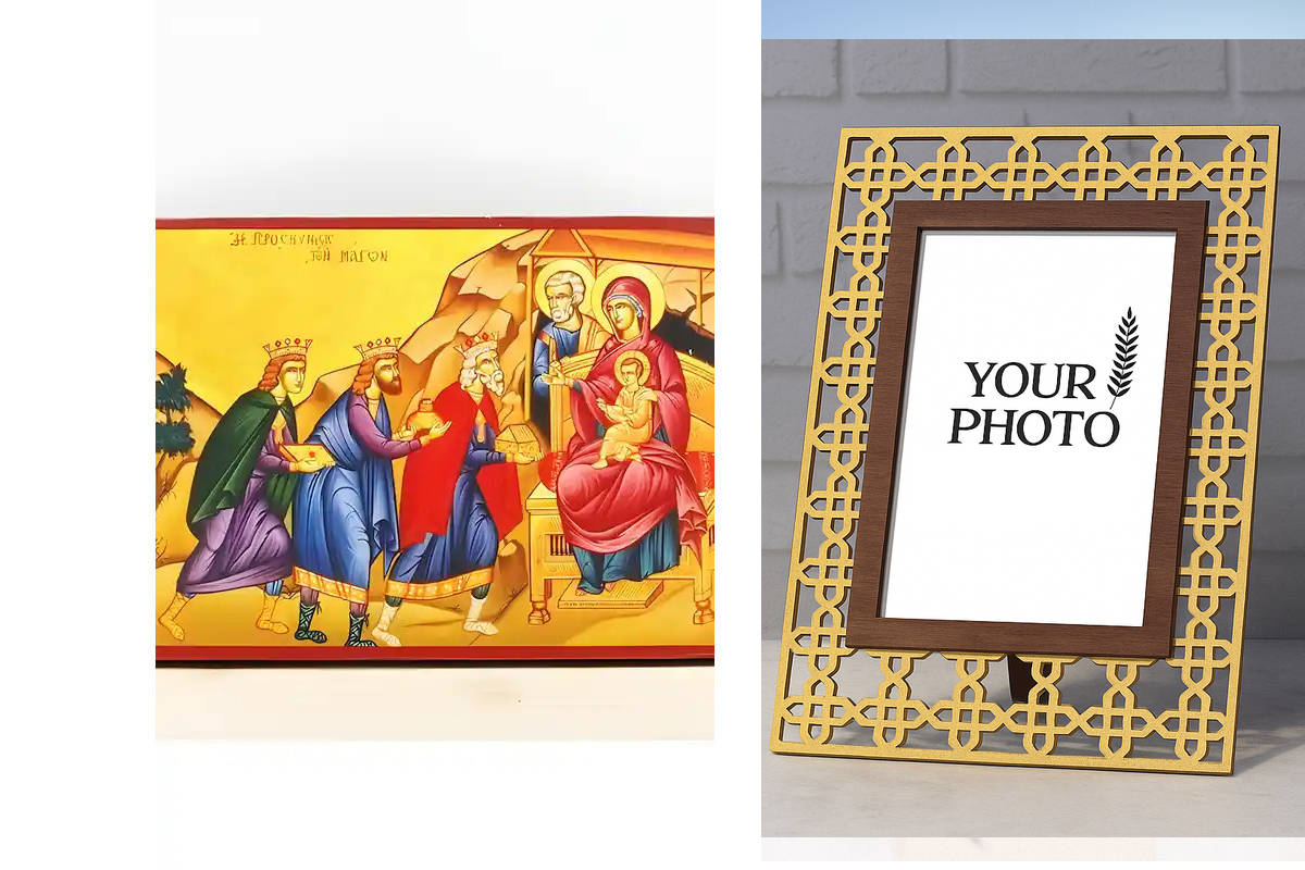 Εικόνα Ορθοδοξίας Πολυτελείας  με  σχεδιο Σταυρούς μαζι με  Βάση σε  8 χρώματα με περίγραμμα χρυσό σε ξύλο Plywood (Πλακάζ)   με  βάση Ο Ιησούς Χριστός Προσκύνηση των Μάγων, Ξύλινη Χειροποίητη Εικόνα Ελληνικής Premium Βυζαντινού Στυλ τοίχου Κρεμασμένη σε