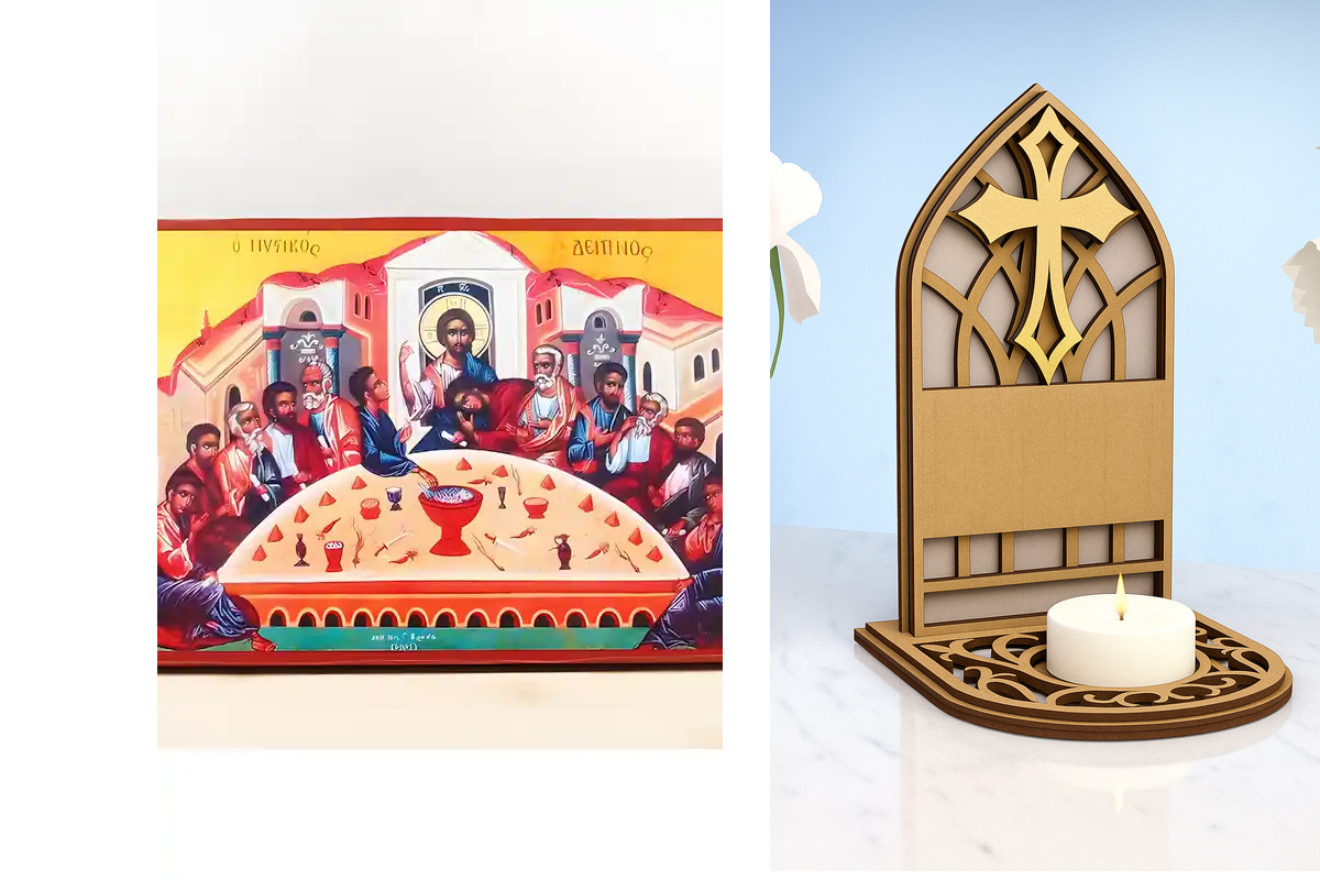 Εικόνα Ορθοδοξίας Καντηλάκι σε  8 χρώματα με περίγραμμα χρυσό σε ξύλο Plywood (Πλακάζ)   με  βάση Ο Μυστικός Δείπνος, Ξύλινη Χειροποίητη Εικόνα Ελληνικού Premium Βυζαντινού Στυλ Κρεμασμένο σε ξύλινη πλάκα Θρησκευτικό θέμα Χειροποίητη Ελληνορθόδοξη εικόνα