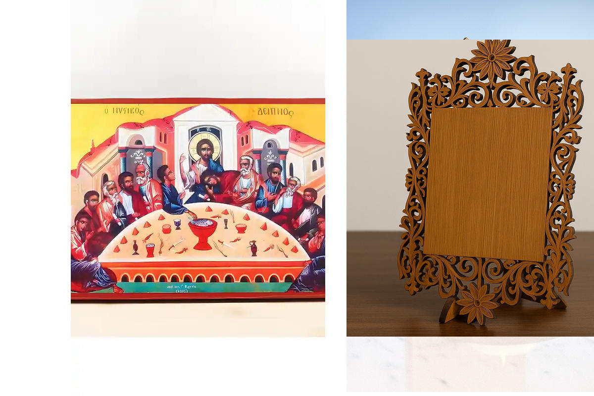 Εικόνα Ορθοδοξίας Δαντέλα μαζι με  Βάση σε  8 χρώματα με περίγραμμα χρυσό σε ξύλο Plywood (Πλακάζ)   με  βάση Ο Μυστικός Δείπνος, Ξύλινη Χειροποίητη Εικόνα Ελληνικού Premium Βυζαντινού Στυλ Κρεμασμένο σε ξύλινη πλάκα Θρησκευτικό θέμα Χειροποίητη Ελληνορθό