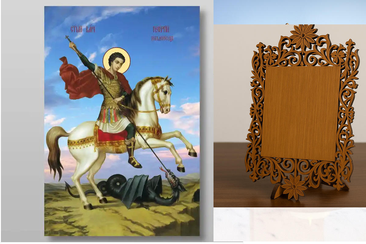 Εικόνα Ορθοδοξίας Δαντέλα μαζι με  Βάση σε  8 χρώματα με περίγραμμα χρυσό σε ξύλο Plywood (Πλακάζ)   με  βάση Γεώργιος ο Νικομάχος Μεγαλομάρτυρας, Χειροποίητη Ελληνορθόδοξη , Κρεμαστή πλάκα βυζαντινής τέχνης, χριστιανική τέχνη Διάσταση 50x40 cm (19,7 x 15