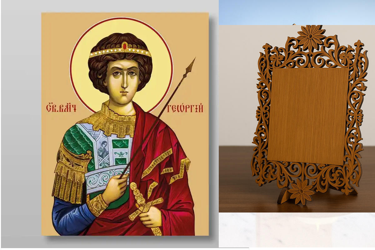 Εικόνα Ορθοδοξίας Δαντέλα μαζι με  Βάση σε  8 χρώματα με περίγραμμα χρυσό σε ξύλο Plywood (Πλακάζ)   με  βάση Γεώργιος ο Νικομάχος Μεγαλομάρτυρας, Χειροποίητη Ελληνορθόδοξη , Κρεμαστή πλάκα βυζαντινής τέχνης, χριστιανική τέχνη Διάσταση 50x40 cm (19,7 x 15
