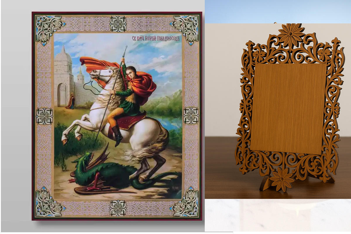 Εικόνα Ορθοδοξίας Δαντέλα μαζι με  Βάση σε  8 χρώματα με περίγραμμα χρυσό σε ξύλο Plywood (Πλακάζ)   με  βάση Γεώργιος ο Νικομάχος Μεγαλομάρτυρας, Χειροποίητη Ελληνορθόδοξη , Κρεμαστή πλάκα βυζαντινής τέχνης, χριστιανική τέχνη Διάσταση 10x7 cm (3,9 x 2,8