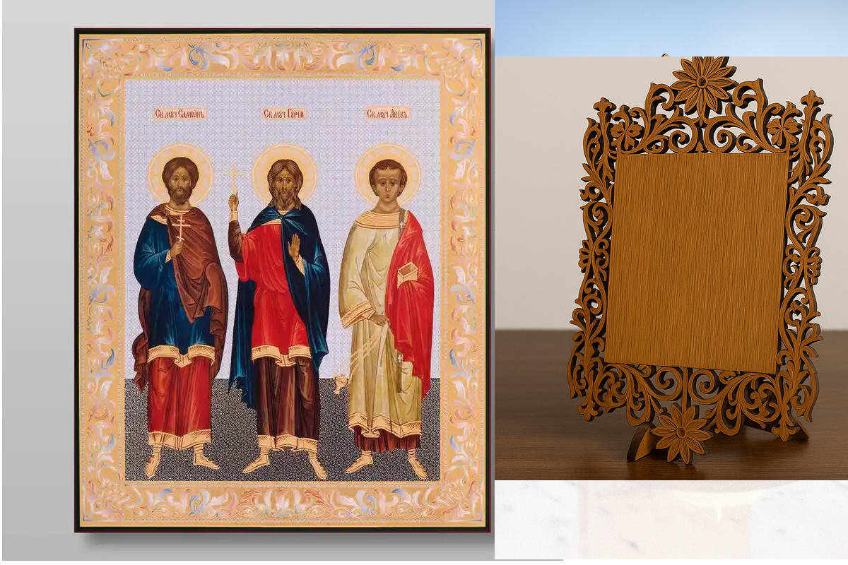 Εικόνα Ορθοδοξίας Δαντέλα μαζι με  Βάση σε  8 χρώματα με περίγραμμα χρυσό σε ξύλο Plywood (Πλακάζ)   με  βάση Μάρτυρες Gury Samon και Aviv, Χειροποίητη Ελληνορθόδοξη , Κρεμαστή πλάκα βυζαντινής τέχνης, χριστιανική τέχνη Διάσταση 40x30 cm (15,8 x 11,8 ίντσ