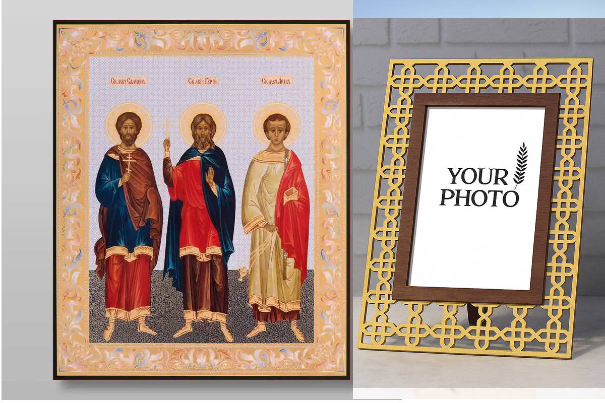 Σετ 2 τεμαχίων – Εικόνα Ορθοδοξίας Πολυτελείας  με  σχεδιο Σταυρούς μαζι με  Βάση σε  8 χρώματα με περίγραμμα χρυσό σε ξύλο Plywood (Πλακάζ)   με  βάση Μάρτυρες Gury Samon και Aviv, Χειροποίητη Ελληνορθόδοξη , Κρεμαστή πλάκα βυζαντινής τέχνης, χριστιανική