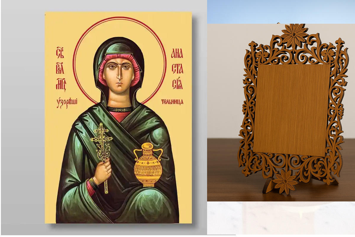 Σετ 2 τεμαχίων – Εικόνα Ορθοδοξίας Δαντέλα μαζι με  Βάση σε  8 χρώματα με περίγραμμα χρυσό σε ξύλο Plywood (Πλακάζ)   με  βάση Αναστασία της Σιρμίου μάρτυρα, Χειροποίητη Ελληνορθόδοξη , Κρεμαστή πλάκα βυζαντινής τέχνης, χριστιανική τέχνη Διάσταση 26x20 cm
