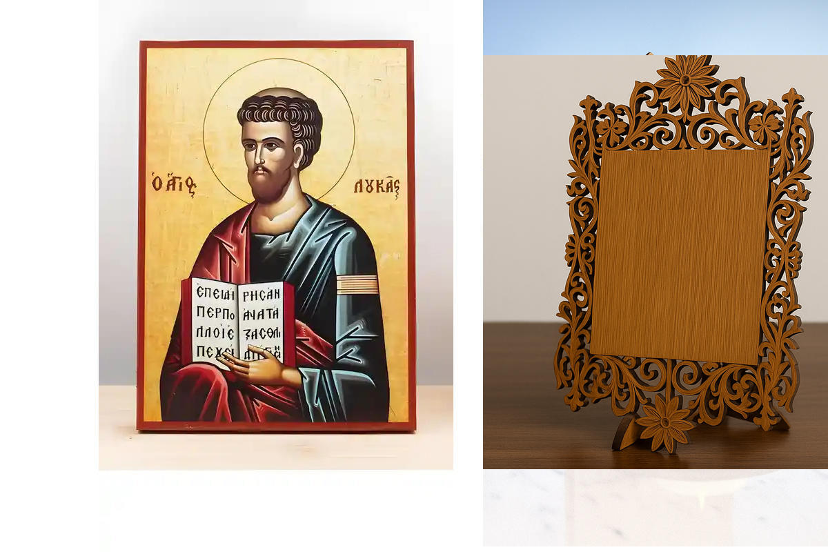 Σετ 2 τεμαχίων – Εικόνα Ορθοδοξίας Δαντέλα μαζι με  Βάση σε  8 χρώματα με περίγραμμα χρυσό σε ξύλο Plywood (Πλακάζ)   με  βάση Άγιος Απόστολος Λουκάς, Ξύλινη Χειροποίητη Εικόνα Ελληνικού Premium Βυζαντινού Στυλ Κρεμαστή σε ξύλινη πλάκα Θρησκευτικό θέμα Χε