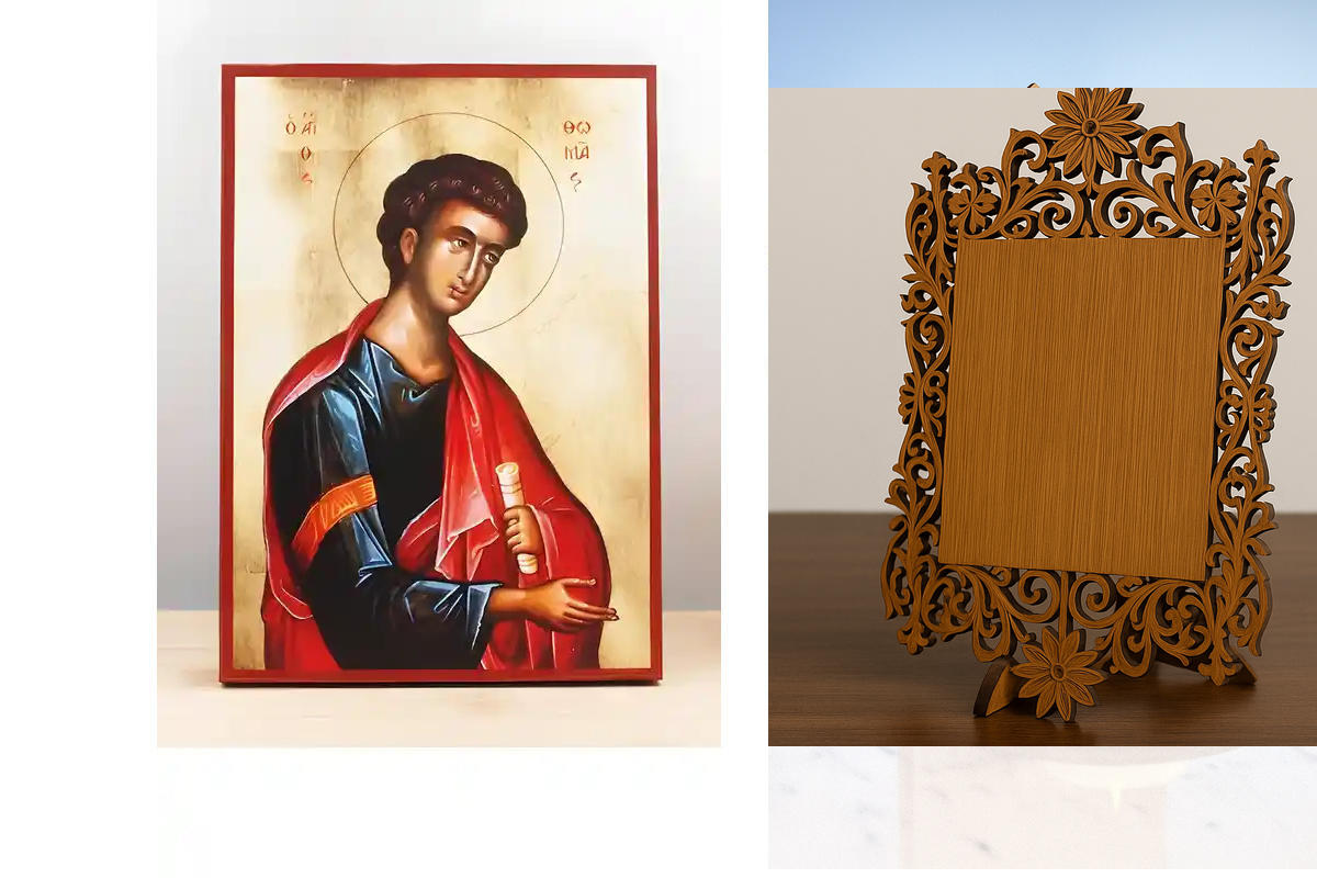 Εικόνα Ορθοδοξίας Δαντέλα μαζι με  Βάση σε  8 χρώματα με περίγραμμα χρυσό σε ξύλο Plywood (Πλακάζ)   με  βάση Άγιος Απόστολος Θωμάς, Ξύλινη Χειροποίητη Εικόνα Ελληνικής Κορυφαίας Βυζαντινής Στυλ Κρεμαστή σε ξύλινη πλάκα Θρησκευτικό θέμα Χειροποίητη Ελληνο