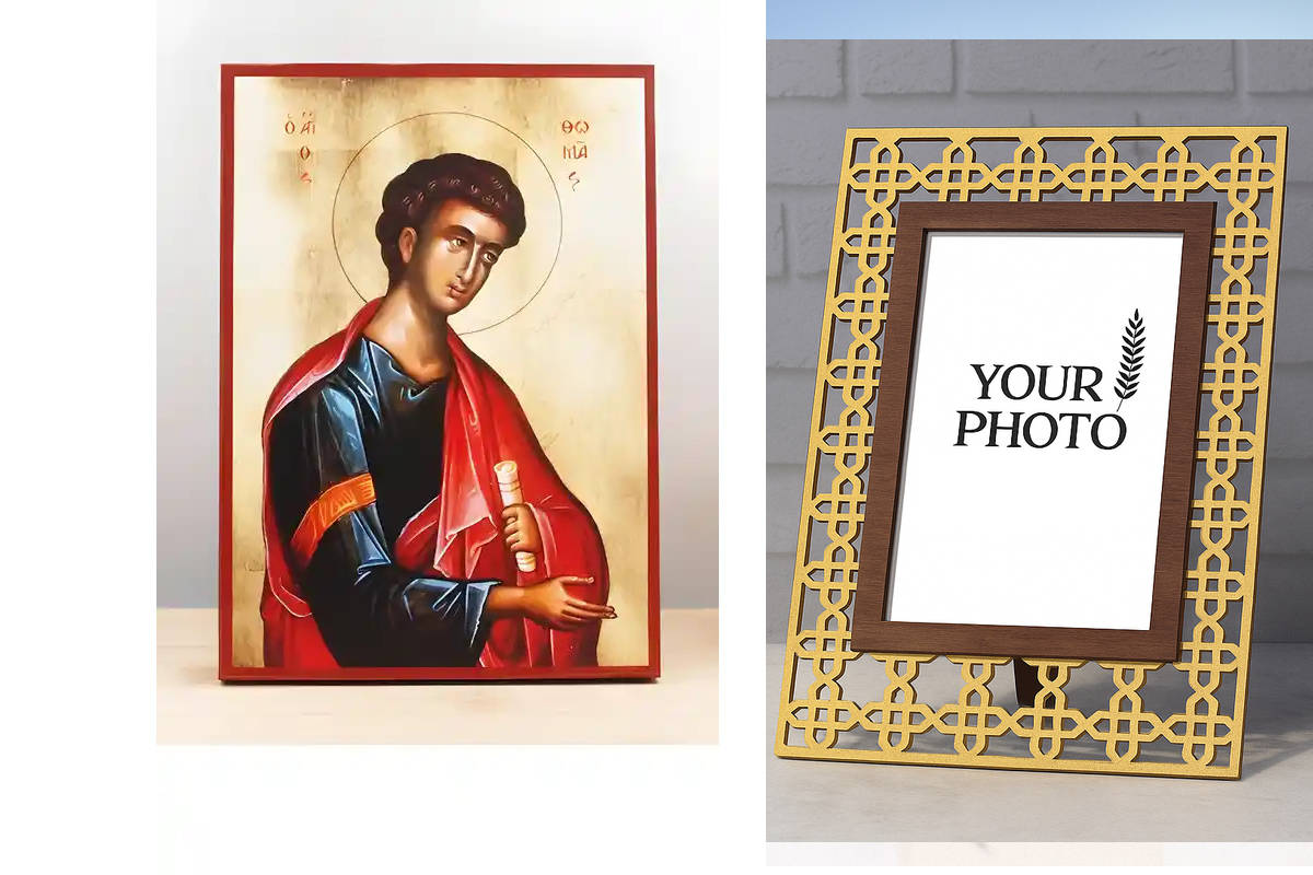 Εικόνα Ορθοδοξίας Πολυτελείας  με  σχεδιο Σταυρούς μαζι με  Βάση σε  8 χρώματα με περίγραμμα χρυσό σε ξύλο Plywood (Πλακάζ)   με  βάση Άγιος Απόστολος Θωμάς, Ξύλινη Χειροποίητη Εικόνα Ελληνικής Κορυφαίας Βυζαντινής Στυλ Κρεμαστή σε ξύλινη πλάκα Θρησκευτικ