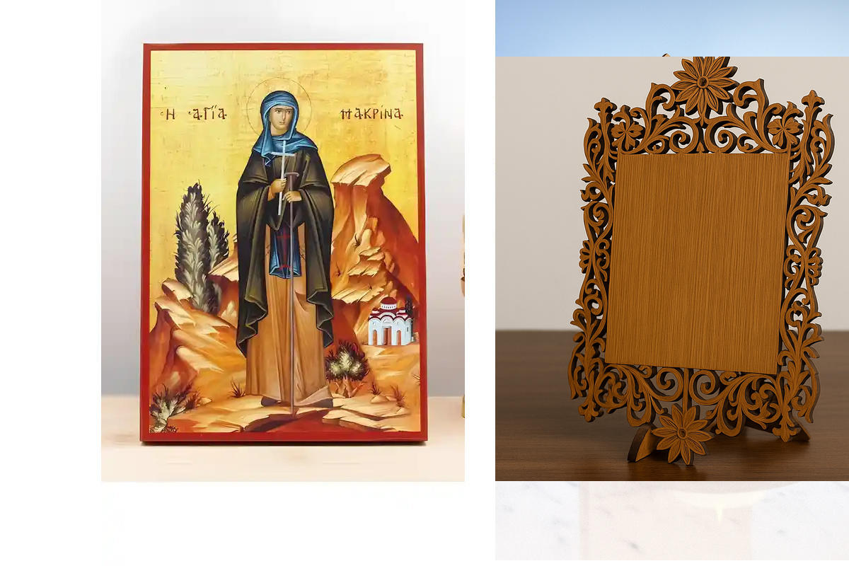 Σετ 2 τεμαχίων – Εικόνα Ορθοδοξίας Δαντέλα μαζι με  Βάση σε  8 χρώματα με περίγραμμα χρυσό σε ξύλο Plywood (Πλακάζ)   με  βάση Η Αγία Μακρίνα η Νεότερη, Ξύλινη Χειροποίητη Εικόνα Ελληνικού Premium Βυζαντινού Στυλ Κρεμασμένη σε ξύλινη πλάκα Χειροποίητη Ελλ