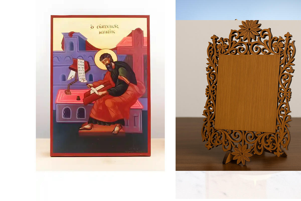 Εικόνα Ορθοδοξίας Δαντέλα μαζι με  Βάση σε  8 χρώματα με περίγραμμα χρυσό σε ξύλο Plywood (Πλακάζ)   με  βάση Άγιος Απόστολος Ματθαίος ο Ευαγγελιστής Χειρόγραφο, Ξύλινη Χειροποίητη Εικόνα Ελληνικού Βυζαντινού Στυλ τοίχου Αναρτημένη σε Ξύλινη Πλάκα Θρησκευ