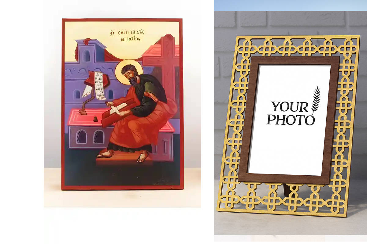 Εικόνα Ορθοδοξίας Πολυτελείας  με  σχεδιο Σταυρούς μαζι με  Βάση σε  8 χρώματα με περίγραμμα χρυσό σε ξύλο Plywood (Πλακάζ)   με  βάση Άγιος Απόστολος Ματθαίος ο Ευαγγελιστής Χειρόγραφο, Ξύλινη Χειροποίητη Εικόνα Ελληνικού Βυζαντινού Στυλ τοίχου Αναρτημέν