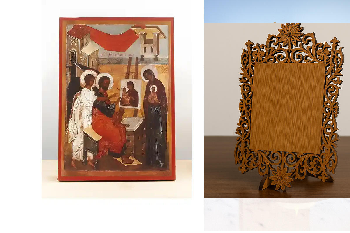 Σετ 2 τεμαχίων – Εικόνα Ορθοδοξίας Δαντέλα μαζι με  Βάση σε  8 χρώματα με περίγραμμα χρυσό σε ξύλο Plywood (Πλακάζ)   με  βάση Τοιχογραφία του Αγίου Αποστόλου Λουκά, Ξύλινη Χειροποίητη Εικόνα Ελληνικού Premium Βυζαντινού Στυλ Κρεμασμένο σε ξύλινη πλάκα Θρ