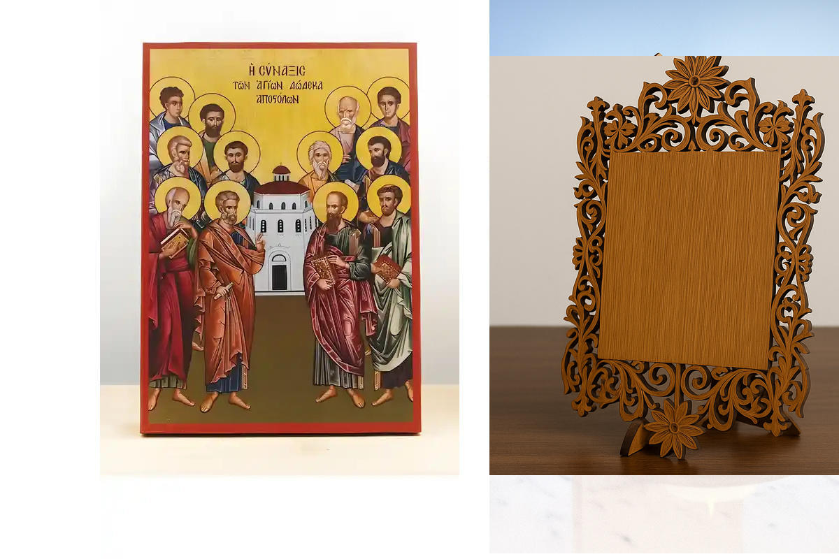 Σετ 2 τεμαχίων – Εικόνα Ορθοδοξίας Δαντέλα μαζι με  Βάση σε  8 χρώματα με περίγραμμα χρυσό σε ξύλο Plywood (Πλακάζ)   με  βάση Σύναξη των Δώδεκα Αποστόλων, Ξύλινη Χειροποίητη Εικόνα Ελληνικού Premium Βυζαντινού Στυλ Κρεμασμένο σε ξύλινη πλάκα Θρησκευτικό