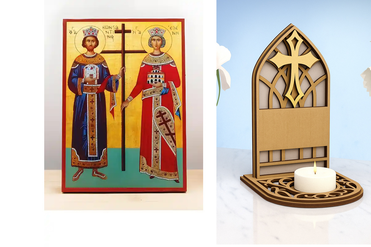Εικόνα Ορθοδοξίας Καντηλάκι σε  8 χρώματα με περίγραμμα χρυσό σε ξύλο Plywood (Πλακάζ)   με  βάση Άγιοι Κωνσταντίνος και Ελένη, Ξύλινη Χειροποίητη Εικόνα Ελληνικού Premium Βυζαντινού Στυλ Κρεμαστή σε ξύλινη πλάκα Χειροποίητη Ελληνορθόδοξη εικόνα του Ιησού