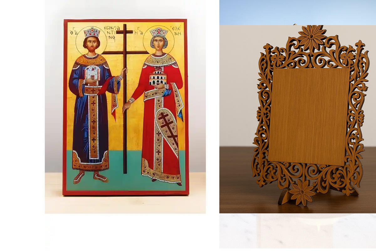 Εικόνα Ορθοδοξίας Δαντέλα μαζι με  Βάση σε  8 χρώματα με περίγραμμα χρυσό σε ξύλο Plywood (Πλακάζ)   με  βάση Άγιοι Κωνσταντίνος και Ελένη, Ξύλινη Χειροποίητη Εικόνα Ελληνικού Premium Βυζαντινού Στυλ Κρεμαστή σε ξύλινη πλάκα Χειροποίητη Ελληνορθόδοξη εικό