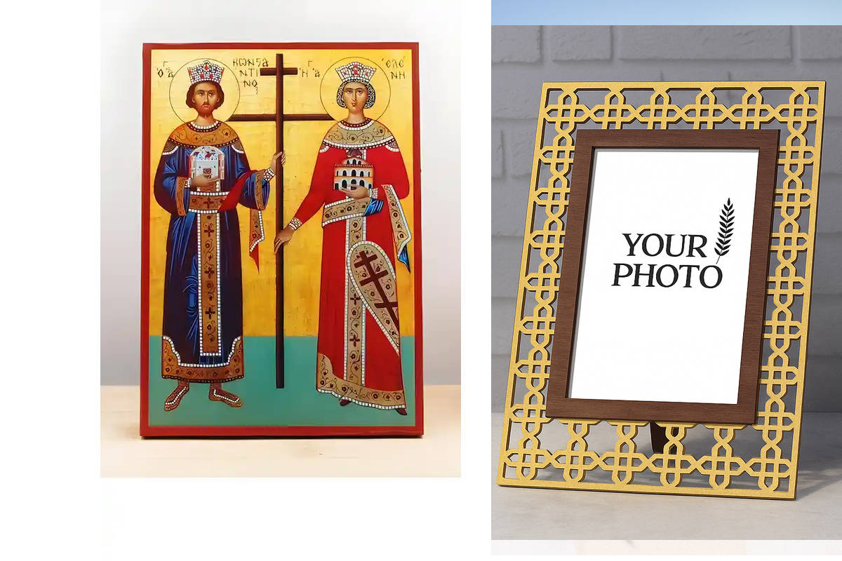 Σετ 2 τεμαχίων – Εικόνα Ορθοδοξίας Πολυτελείας  με  σχεδιο Σταυρούς μαζι με  Βάση σε  8 χρώματα με περίγραμμα χρυσό σε ξύλο Plywood (Πλακάζ)   με  βάση Άγιοι Κωνσταντίνος και Ελένη, Ξύλινη Χειροποίητη Εικόνα Ελληνικού Premium Βυζαντινού Στυλ Κρεμαστή σε ξ