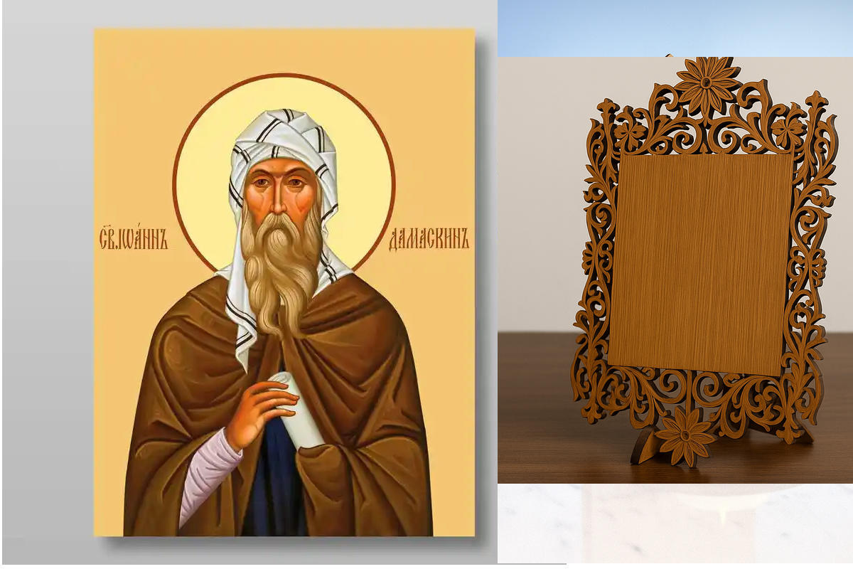 Σετ 2 τεμαχίων – Εικόνα Ορθοδοξίας Δαντέλα μαζι με  Βάση σε  8 χρώματα με περίγραμμα χρυσό σε ξύλο Plywood (Πλακάζ)   με  βάση Ιωάννης του Δαμασκηνού, Χειροποίητη Ελληνορθόδοξη , Κρεμαστή πλάκα βυζαντινής τέχνης, χριστιανική τέχνη Διάσταση 21x15 cm (8,3 x