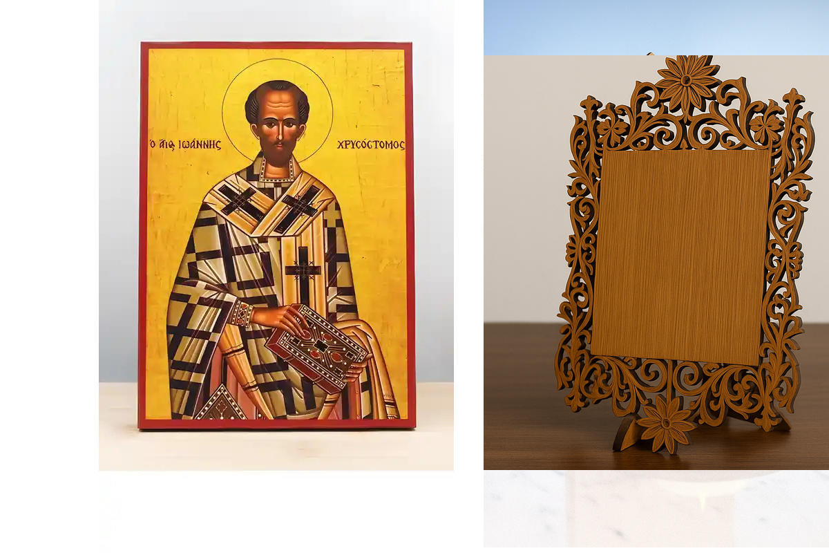 Σετ 2 τεμαχίων – Εικόνα Ορθοδοξίας Δαντέλα μαζι με  Βάση σε  8 χρώματα με περίγραμμα χρυσό σε ξύλο Plywood (Πλακάζ)   με  βάση Άγιος Ιωάννης ο Χρυσόστομος, Ξύλινη Χειροποίητη Εικόνα Ελληνικής Premium Βυζαντινού Στυλ Κρεμαστή σε ξύλινη πλάκα Χειροποίητη Ελ